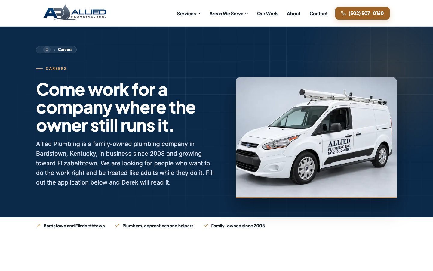 Allied Plumbing careers page with its own job application, built by Shaun Wilson Designs