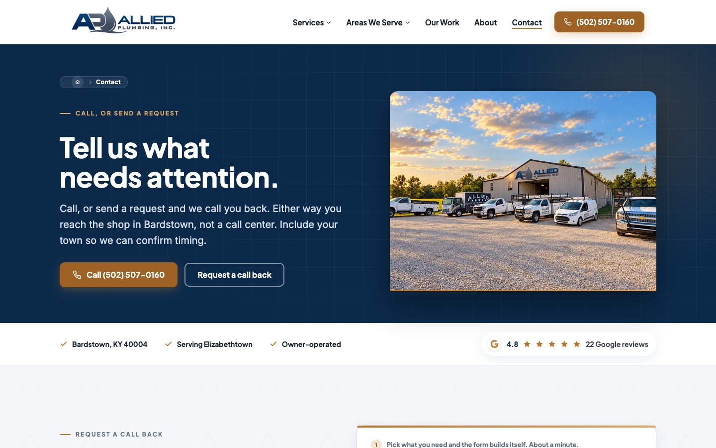 Exact capture of the Allied Plumbing contact page at 1440 pixels.