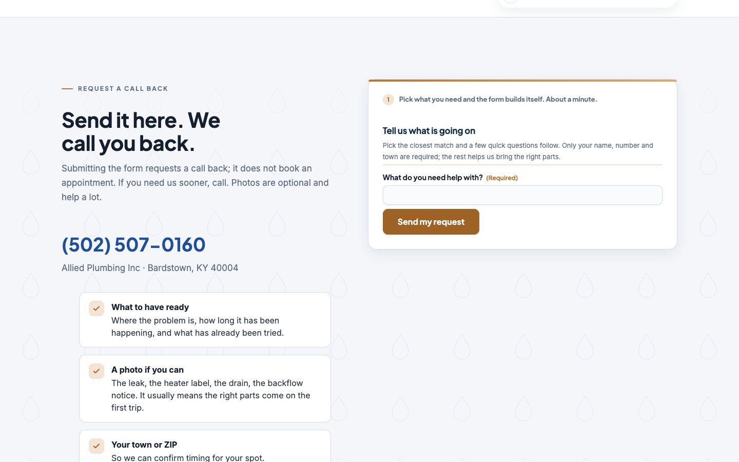 The service-request form on the Allied Plumbing contact page at 1440 pixels.