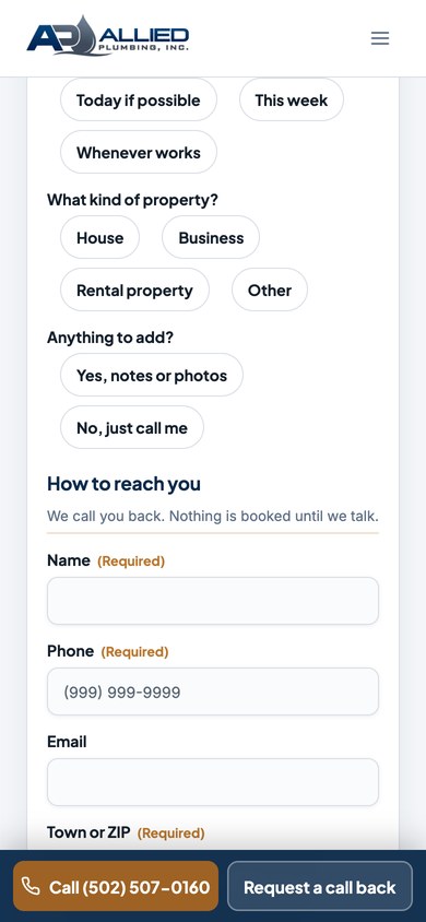Follow-up questions for a water heater request on the Allied Plumbing form, on a 390-pixel phone.
