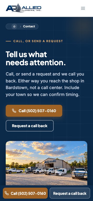The Allied Plumbing contact page on a 390-pixel phone.