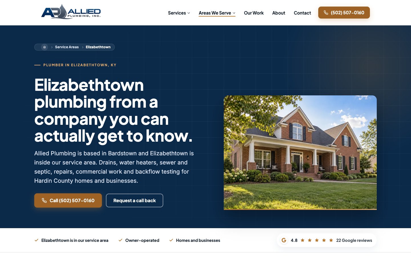Exact capture of the Allied Plumbing Elizabethtown page at 1440 pixels.