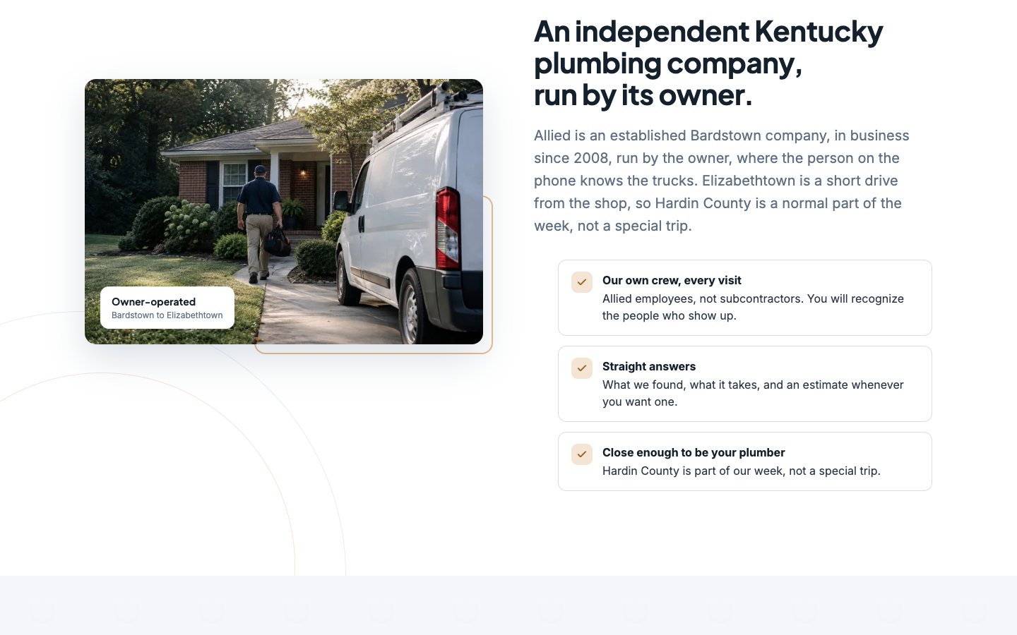 The company introduction on the Allied Plumbing Elizabethtown page at 1440 pixels.
