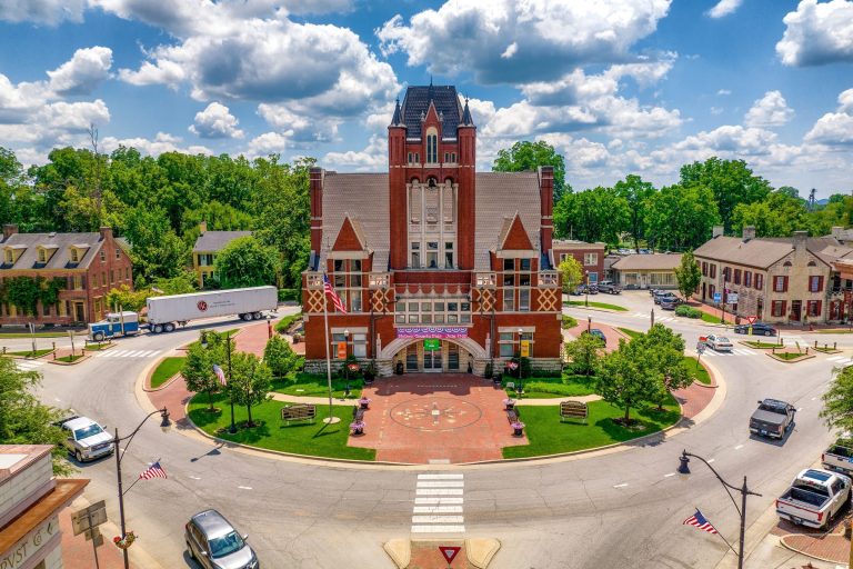 Aerial photograph of the old Nelson County courthouse on the square in downtown Bardstown, Kentucky, by Shaun Wilson.