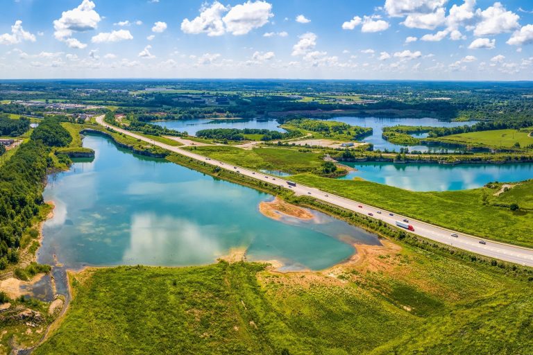 Aerial photograph of the quarry lakes and highway outside Bardstown, Kentucky, by Shaun Wilson.