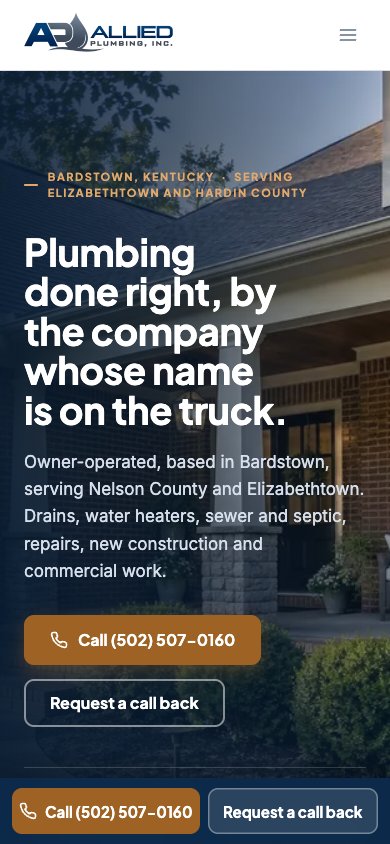 The Allied Plumbing homepage on a 390-pixel phone.