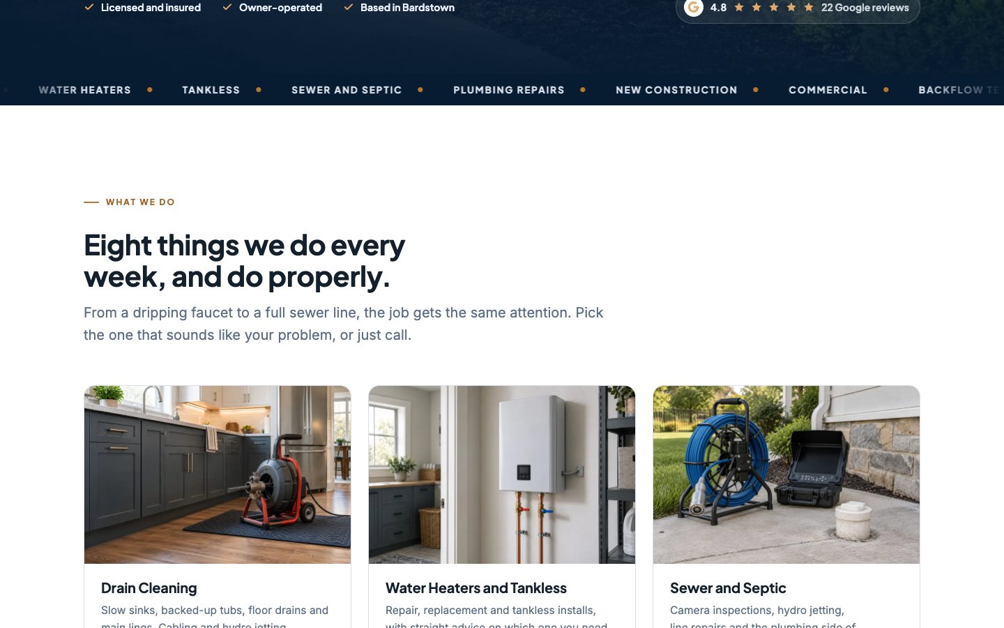 The eight-service grid on the Allied Plumbing homepage at 1440 pixels.