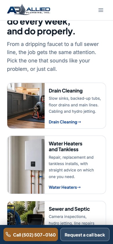 The service grid on the Allied Plumbing homepage on a 390-pixel phone.
