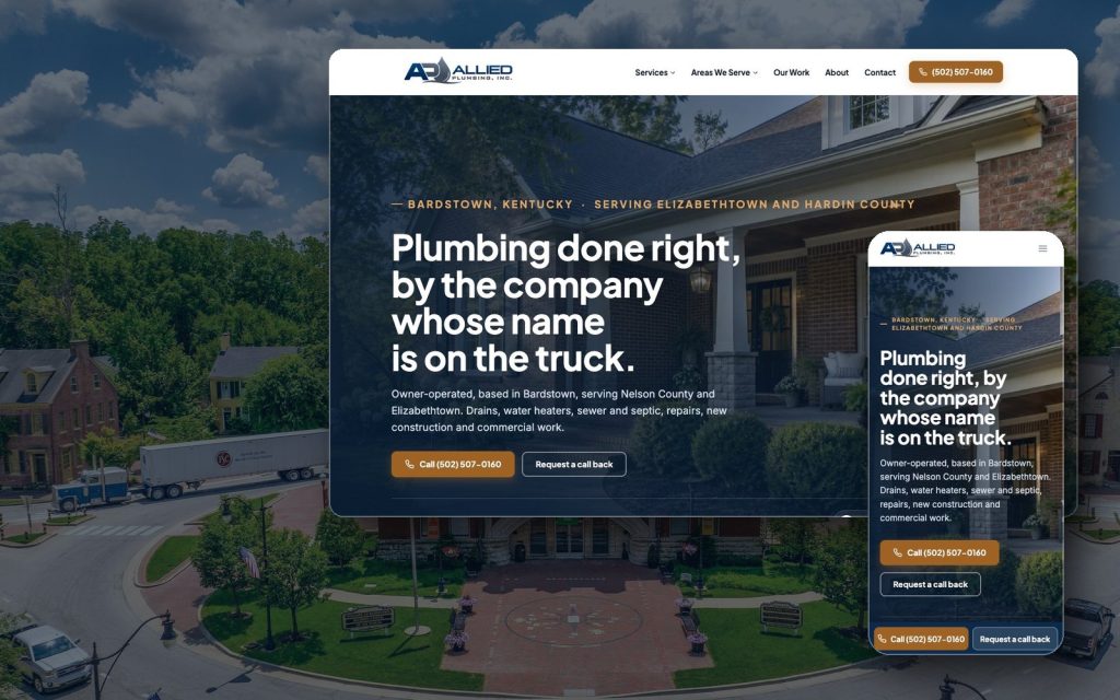 Allied Plumbing website on desktop and phone over an aerial of the Bardstown courthouse square