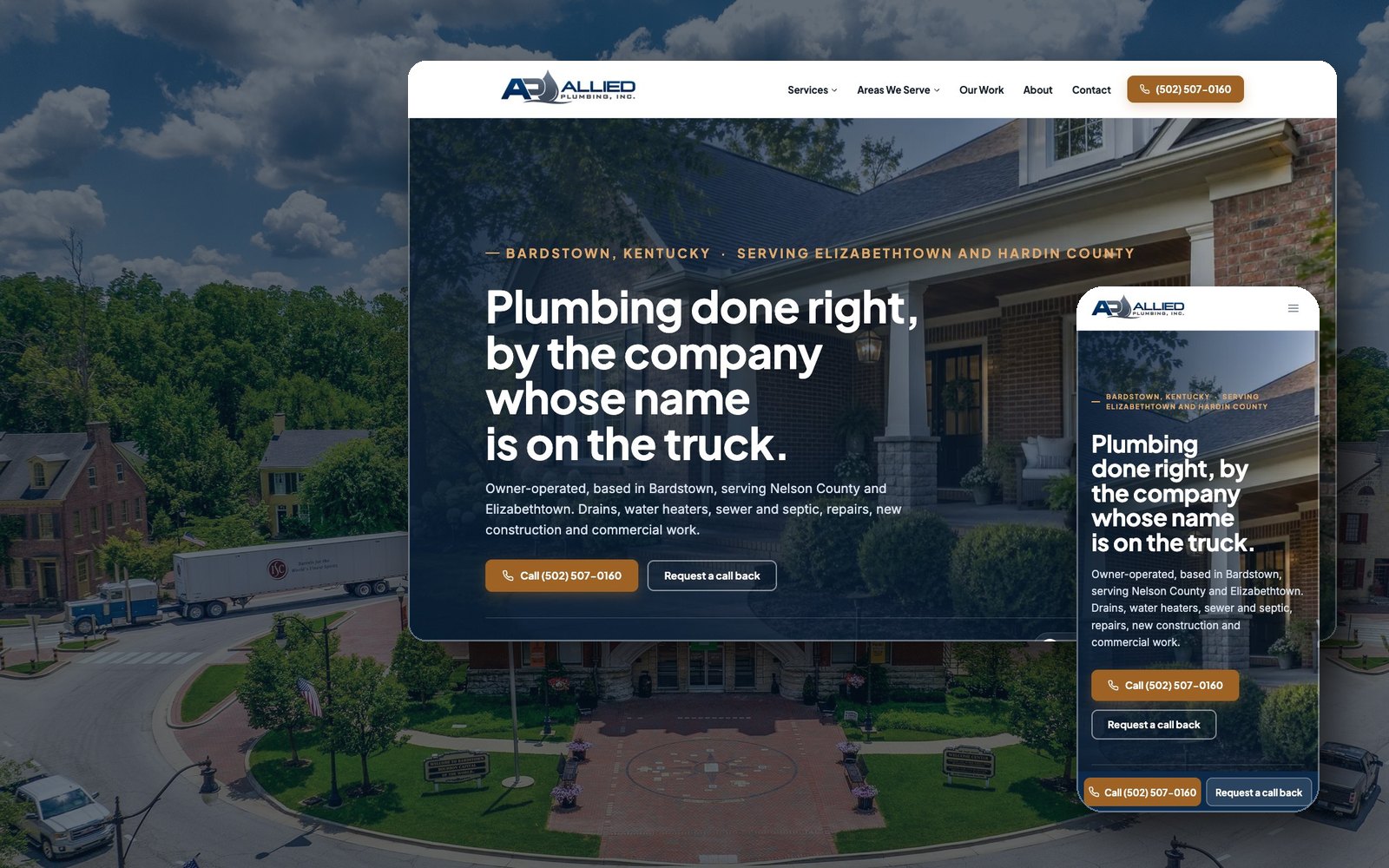 Allied Plumbing website on desktop and phone over an aerial photograph of the Bardstown courthouse square, by Shaun Wilson Designs