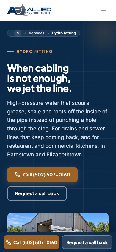The Allied Plumbing hydro jetting page on a 390-pixel phone.