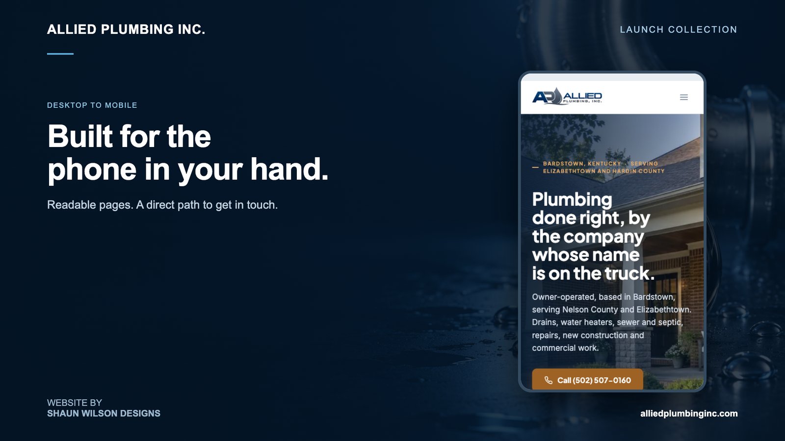 Launch graphic showing the real Allied Plumbing mobile homepage inside a phone frame.