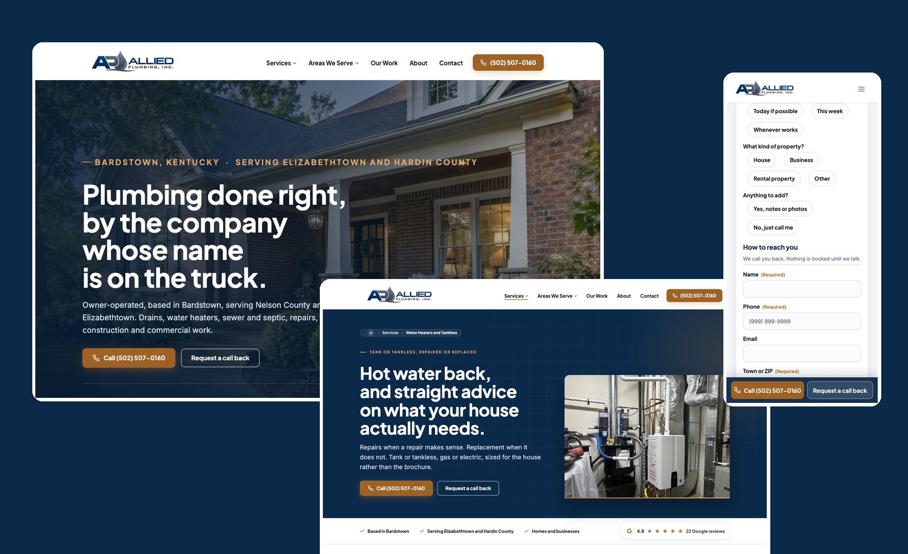 Current desktop, detail and phone views from the Allied Plumbing website.