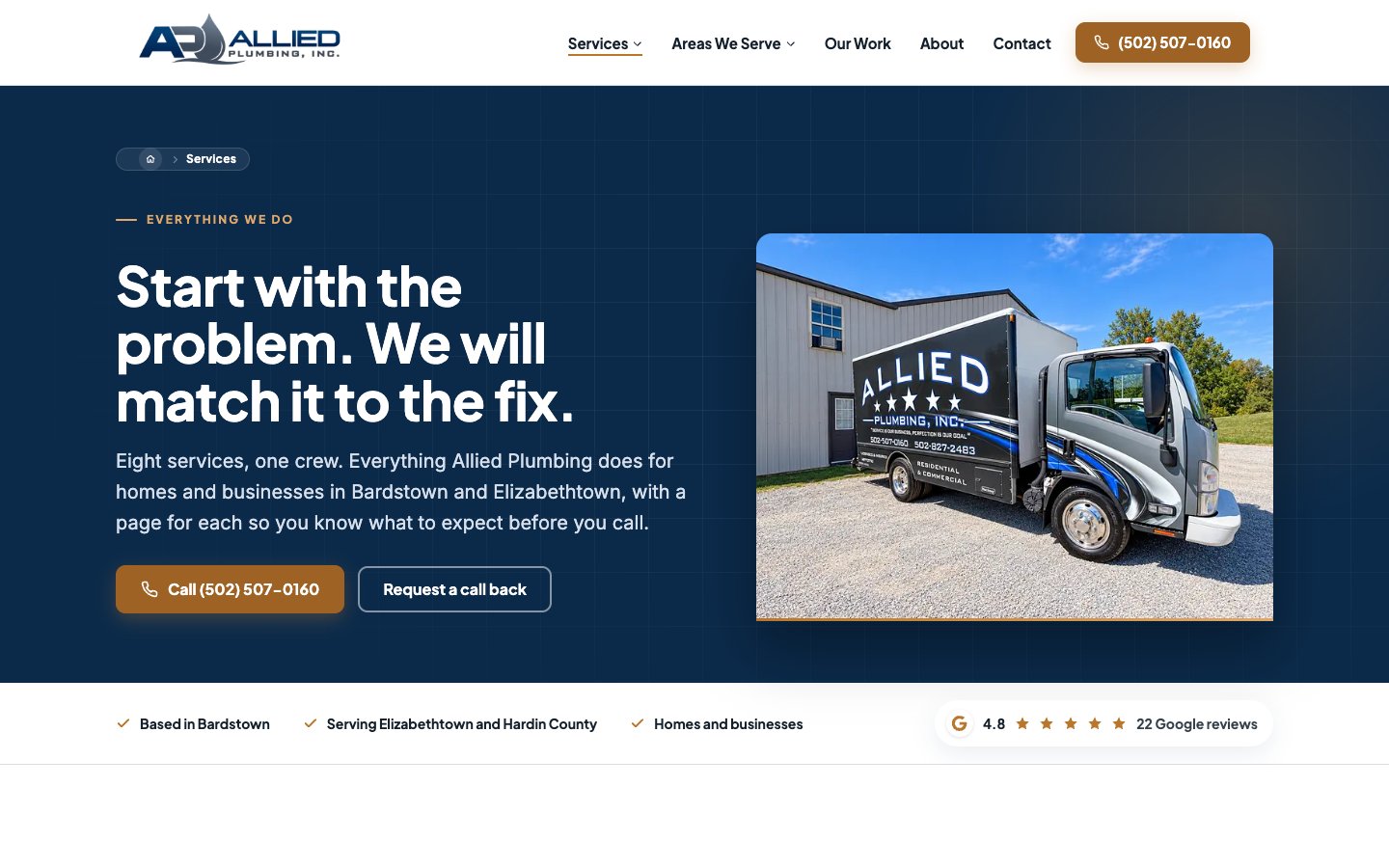 Exact capture of the Allied Plumbing services hub at 1440 pixels.