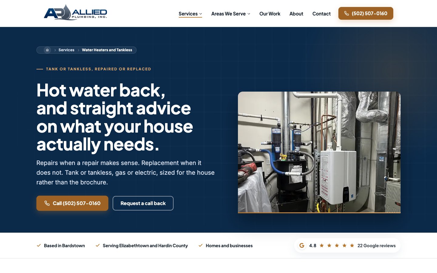 Exact capture of the Allied Plumbing water heater service page at 1440 pixels.