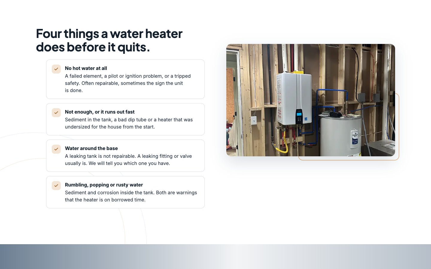 The symptom checklist on the Allied Plumbing water heater page at 1440 pixels.