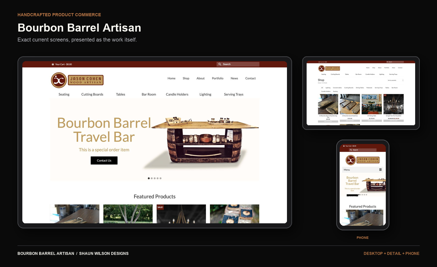 Bourbon Barrel Artisan website on desktop, detail and phone