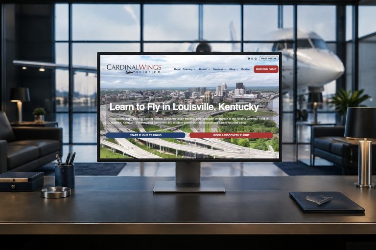 Cardinal Wings Aviation website displayed in a executive hangar operations lounge.