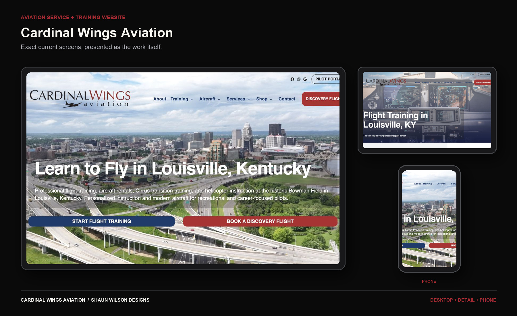 Cardinal Wings Aviation website on desktop, detail and phone