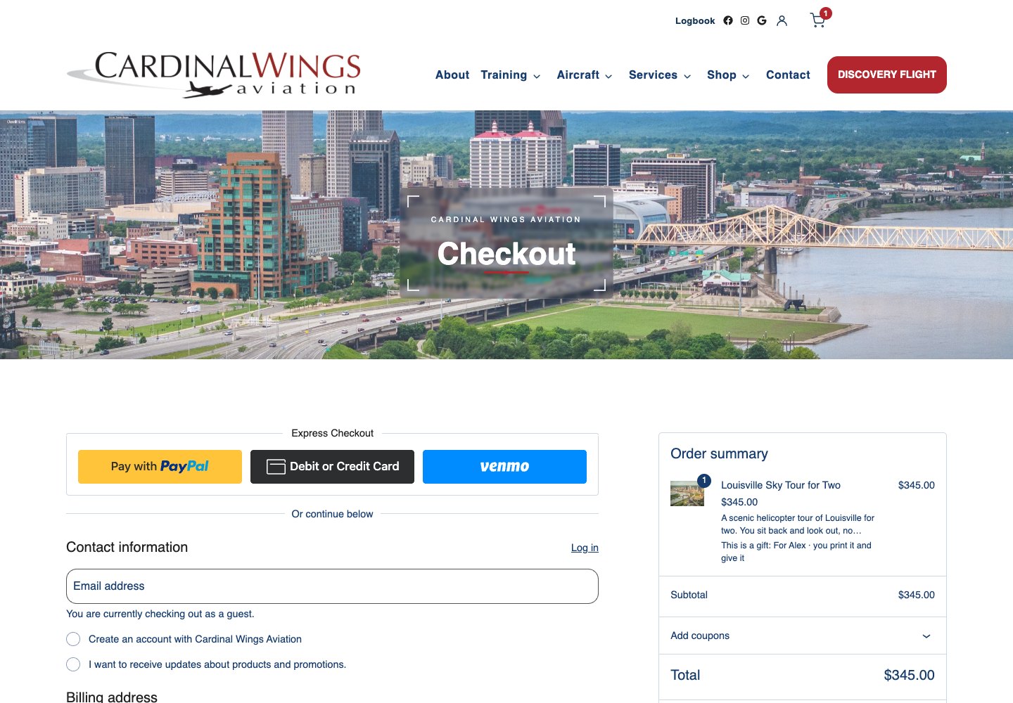 Cardinal Wings Aviation checkout at 1440 pixels with guest checkout and gift card redemption.