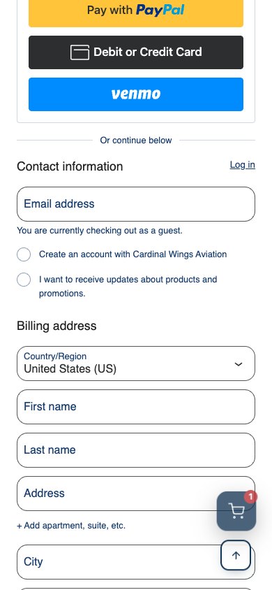 Cardinal Wings Aviation checkout form on a 390-pixel phone.