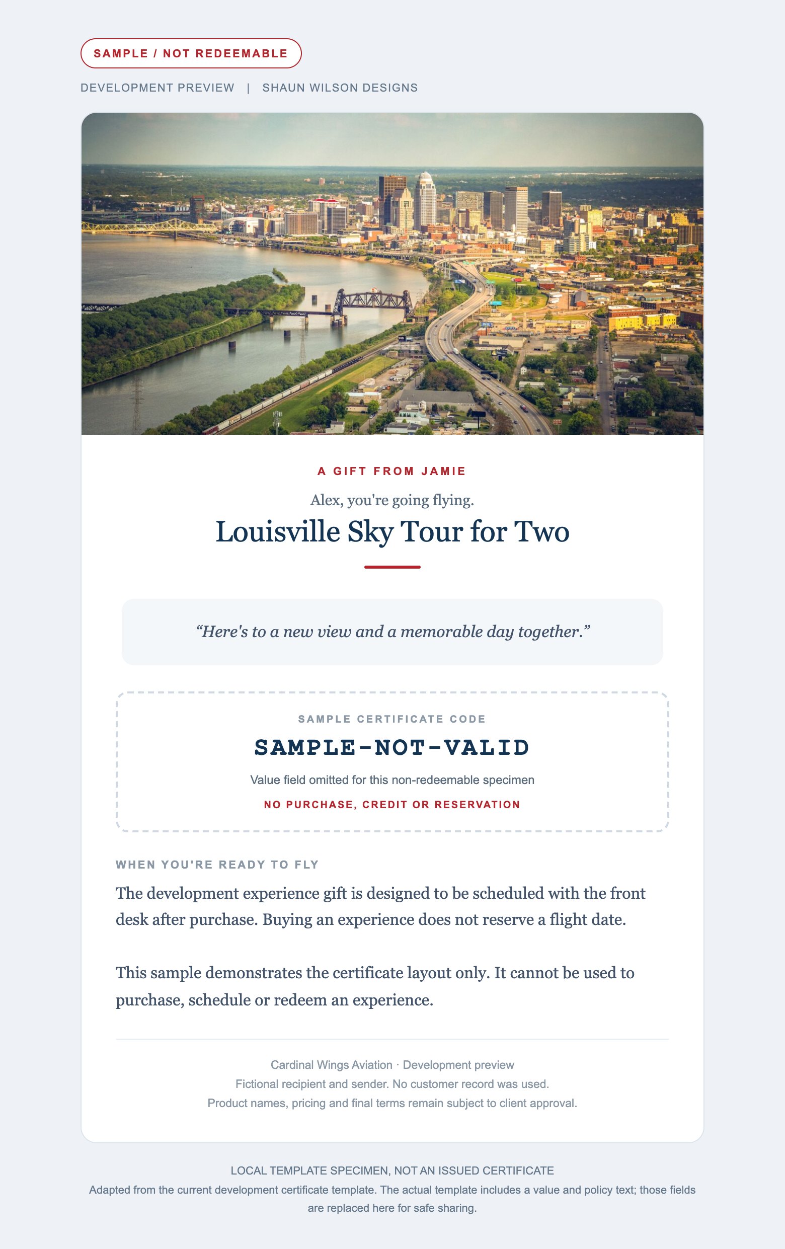Sample Cardinal Wings experience certificate with fictional names and a non-redeemable sample code.