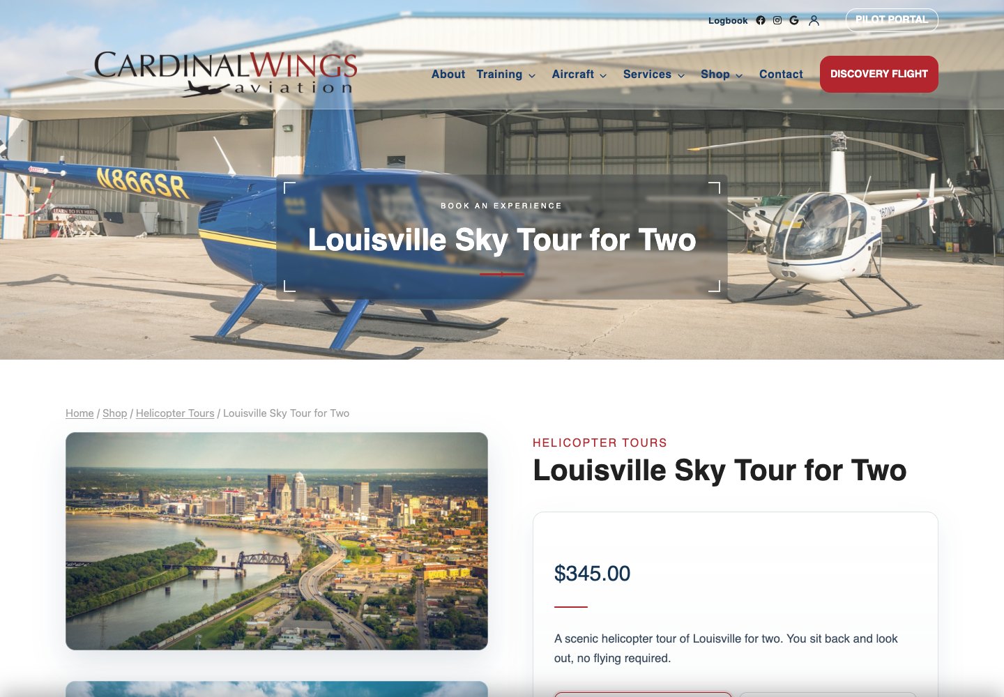 Cardinal Wings Aviation experience product page at 1440 pixels with the For myself or As a gift choice.