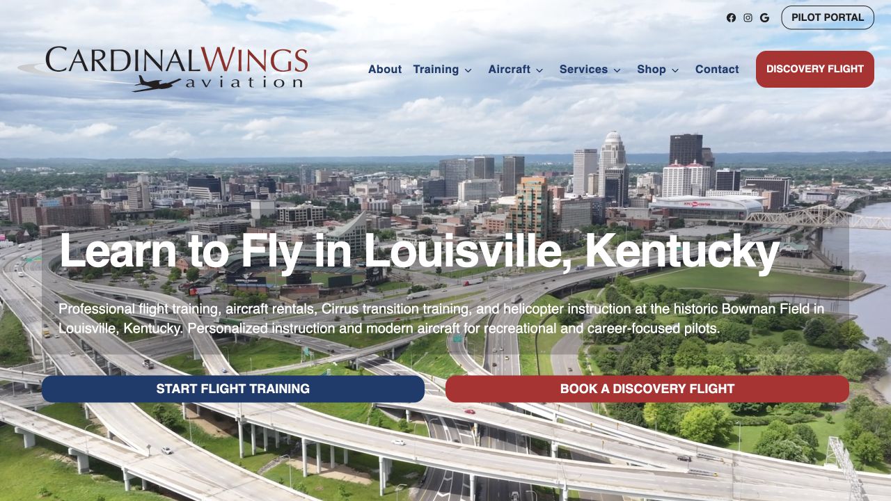 Exact capture of the Cardinal Wings Aviation homepage at 1440 pixels.