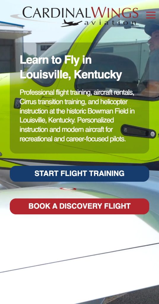 Exact capture of the Cardinal Wings Aviation homepage on a 390-pixel phone.