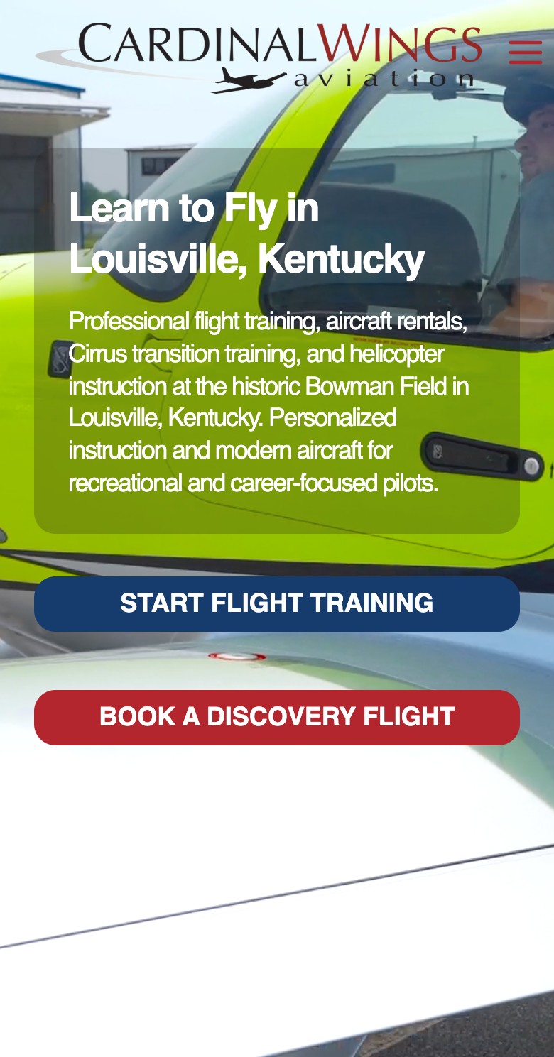 Exact capture of the Cardinal Wings Aviation homepage on a 390-pixel phone.