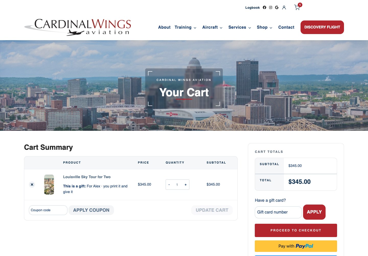 Cardinal Wings Aviation shopping cart at 1440 pixels with order summary and gift card redemption.