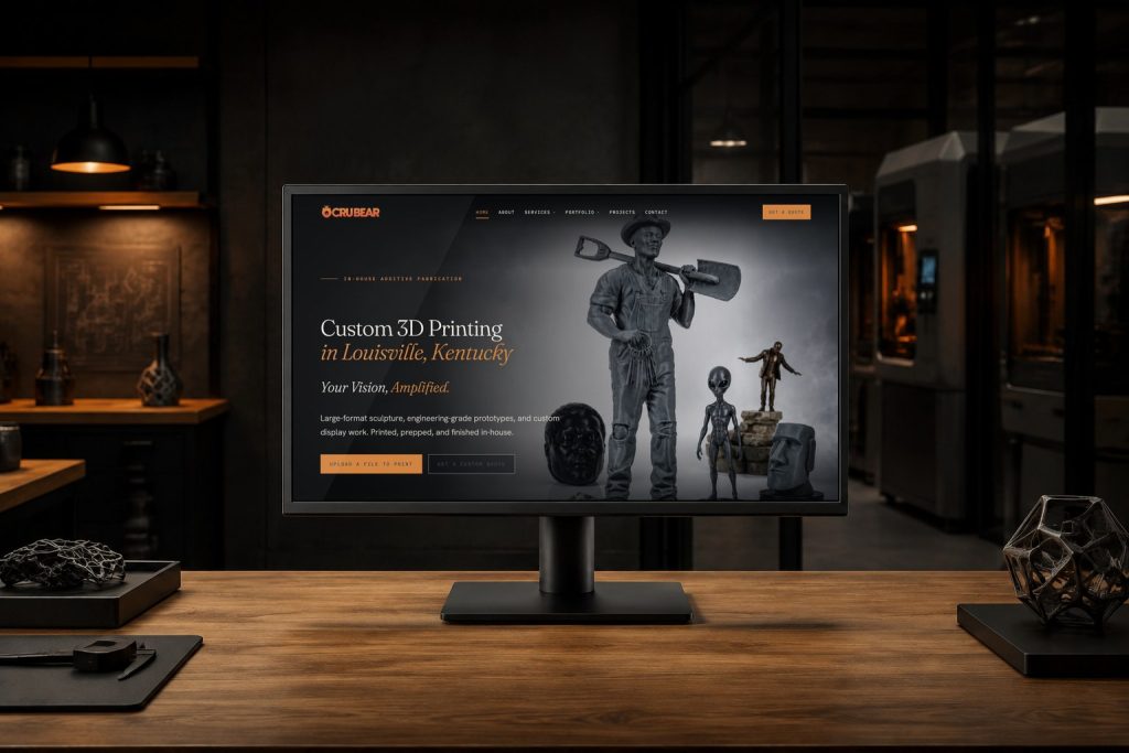 Cru Bear website displayed in an additive-manufacturing design studio.