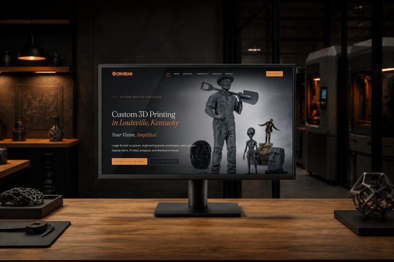 Cru Bear website displayed in an additive-manufacturing design studio.