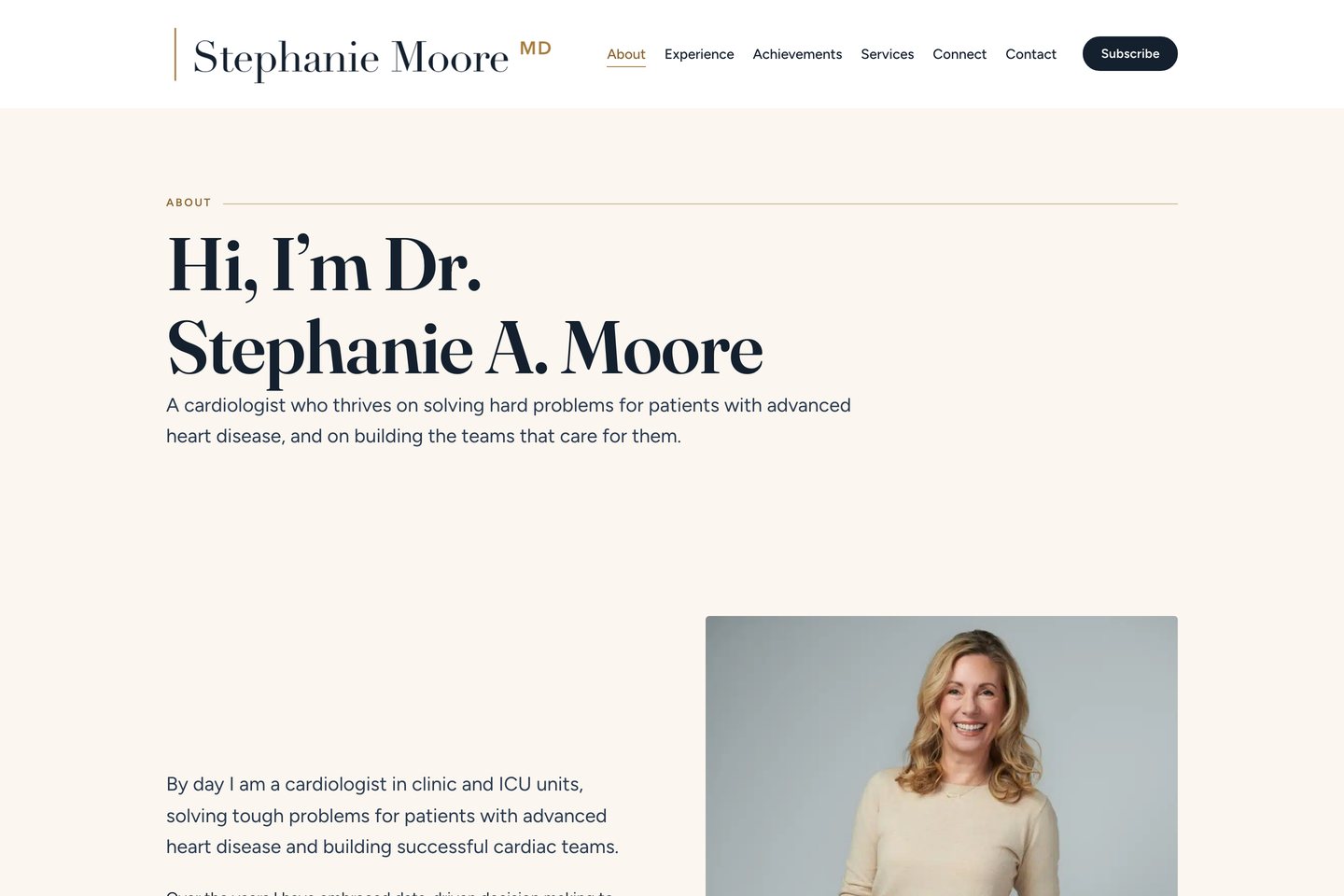 Exact capture of the About page on Dr. Stephanie Moore's website at 1440 pixels.