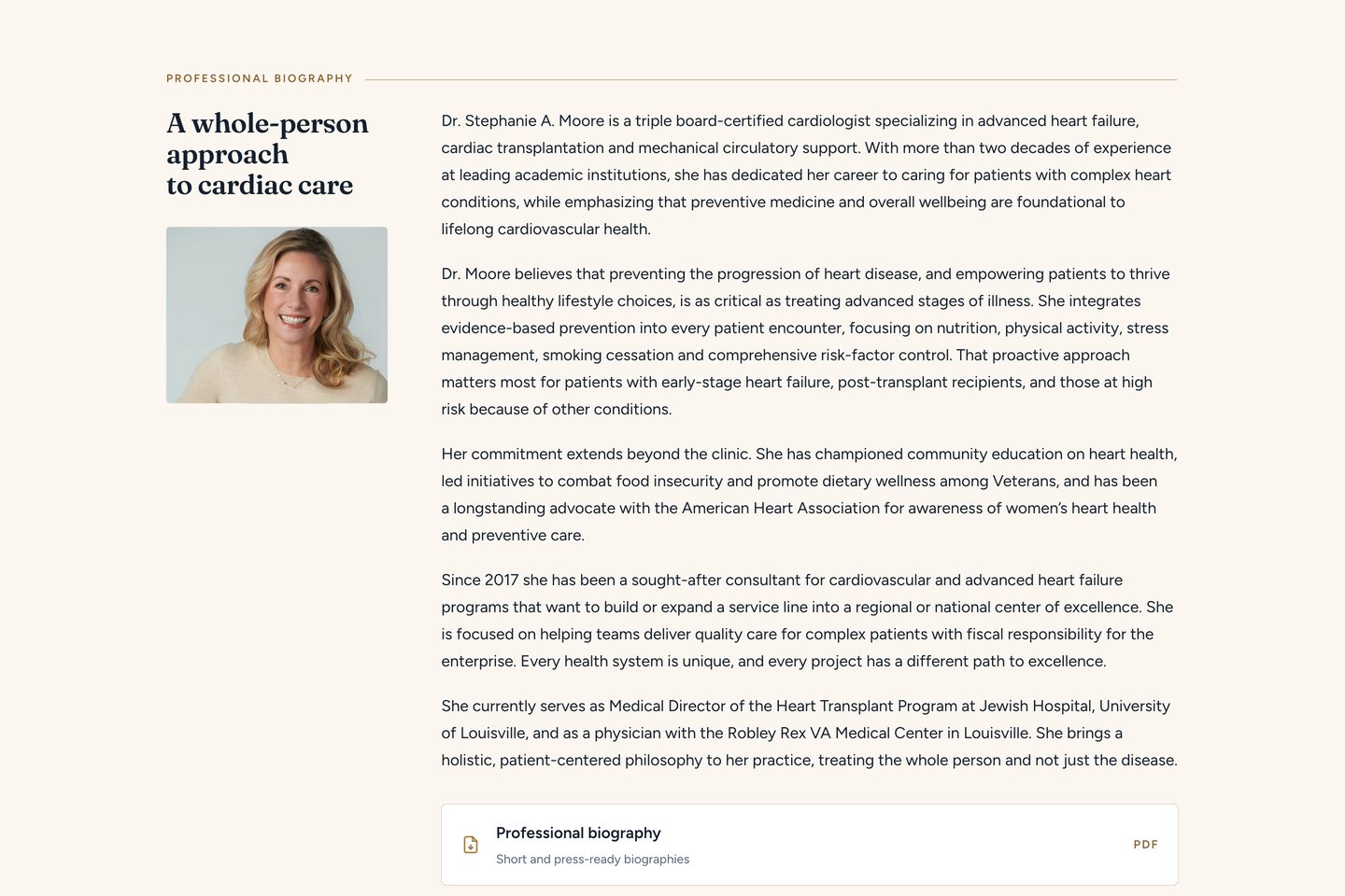 The professional biography and CV download cards on the About page of Dr. Stephanie Moore's website at 1440 pixels.