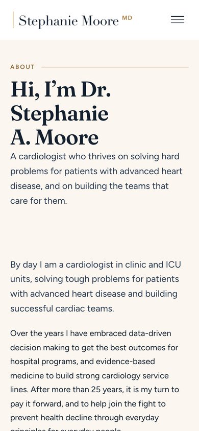 The About page of Dr. Stephanie Moore's website on a 390-pixel phone.