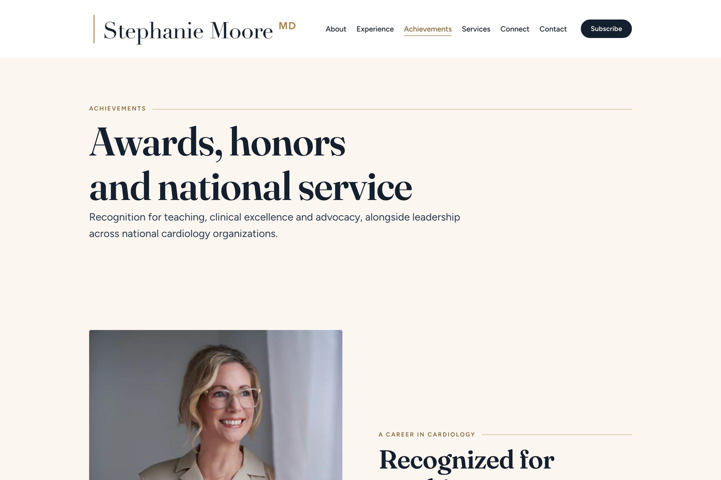 Exact capture of the Achievements page on Dr. Stephanie Moore's website at 1440 pixels.