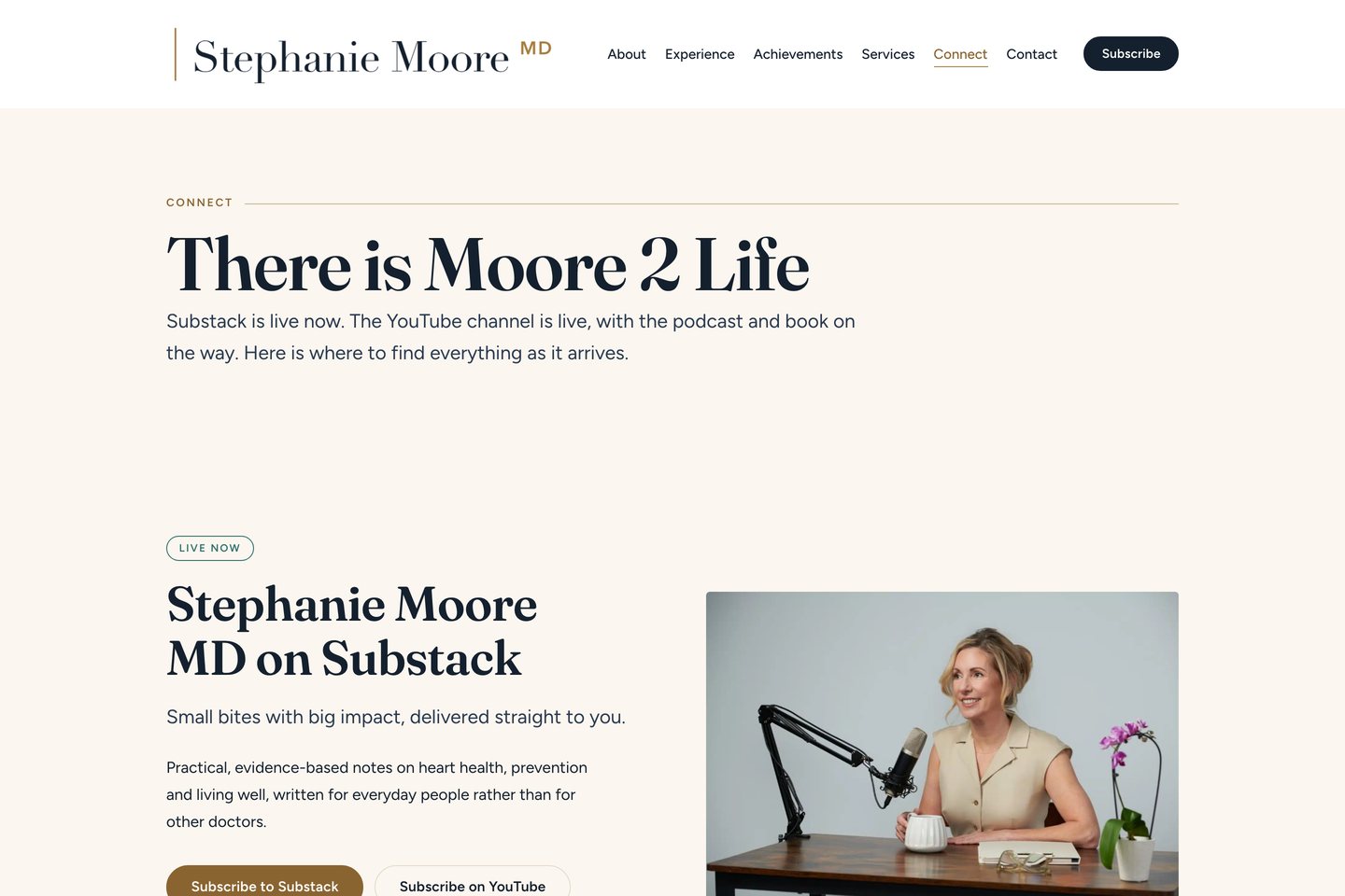Exact capture of the Connect page on Dr. Stephanie Moore's website at 1440 pixels: Substack, YouTube and social channels.