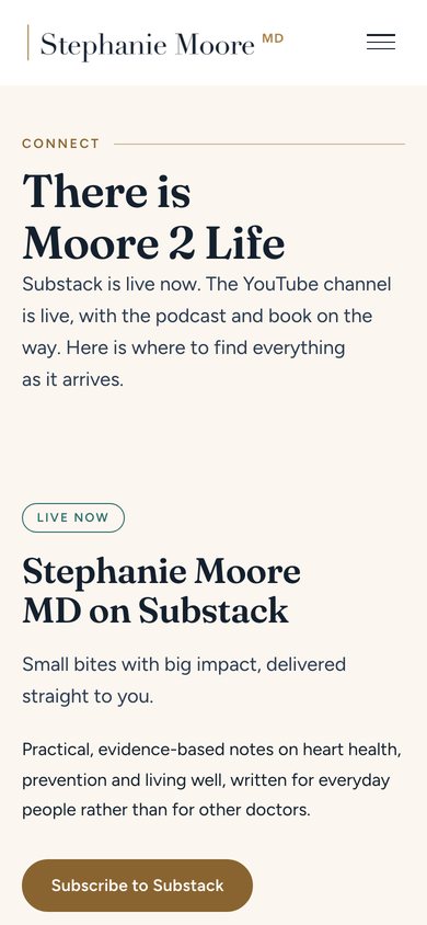The Connect page of Dr. Stephanie Moore's website on a 390-pixel phone.
