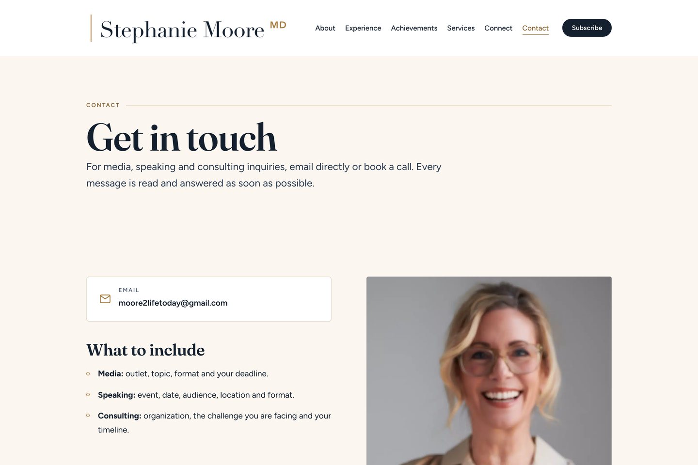 Exact capture of the Contact page on Dr. Stephanie Moore's website at 1440 pixels: direct email and a booking calendar for media, speaking and consulting.