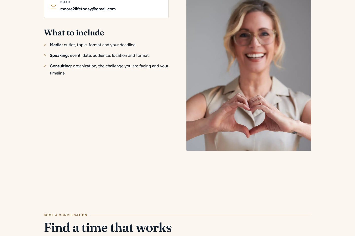 The booking section of the Contact page on Dr. Stephanie Moore's website at 1440 pixels, with the note that these calls are not patient appointments.