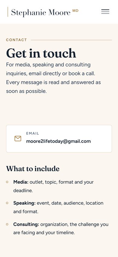 The Contact page of Dr. Stephanie Moore's website on a 390-pixel phone.