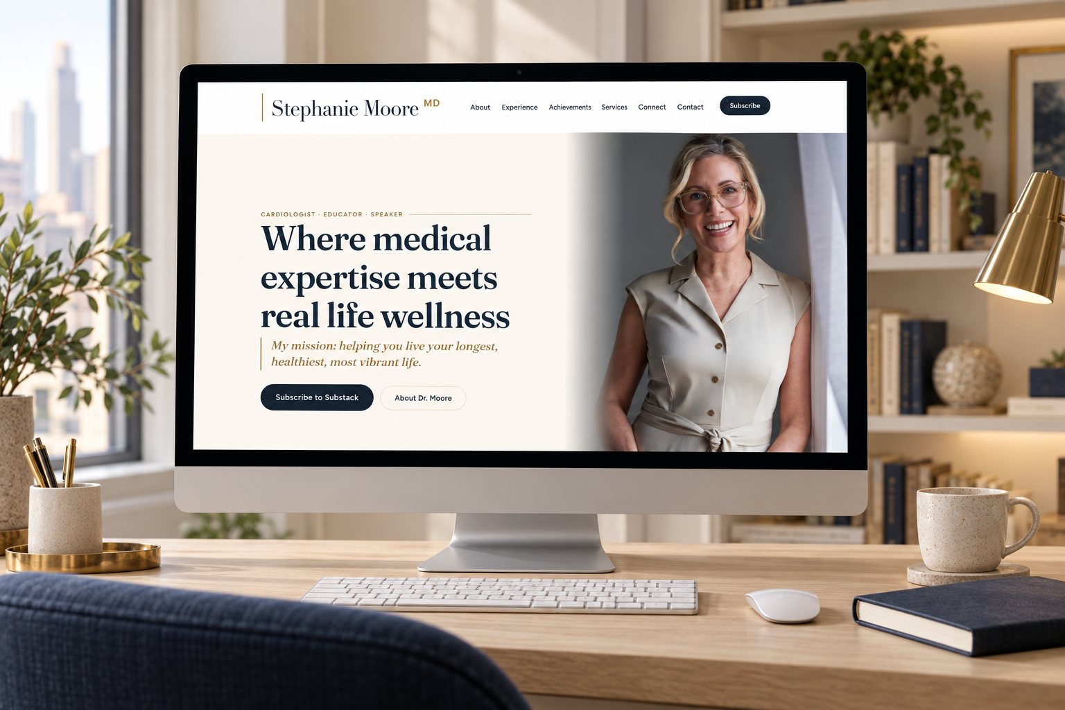 Dr. Stephanie Moore's website homepage on a desktop monitor in an editorial study, a presentation scene built from the real site.