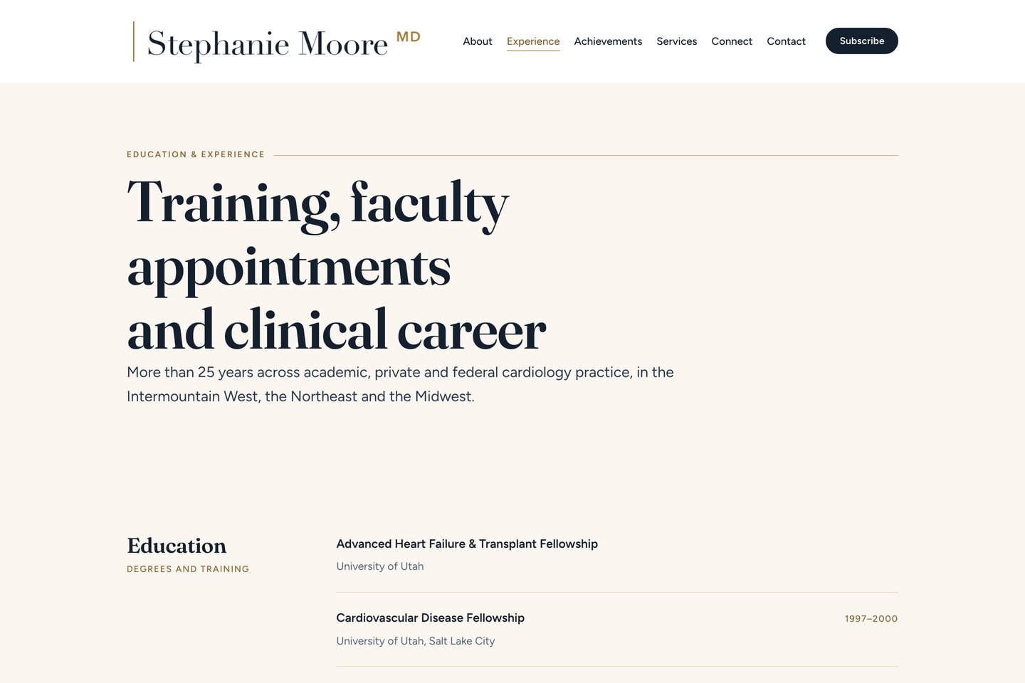 Exact capture of the Education and Experience page on Dr. Stephanie Moore's website at 1440 pixels.