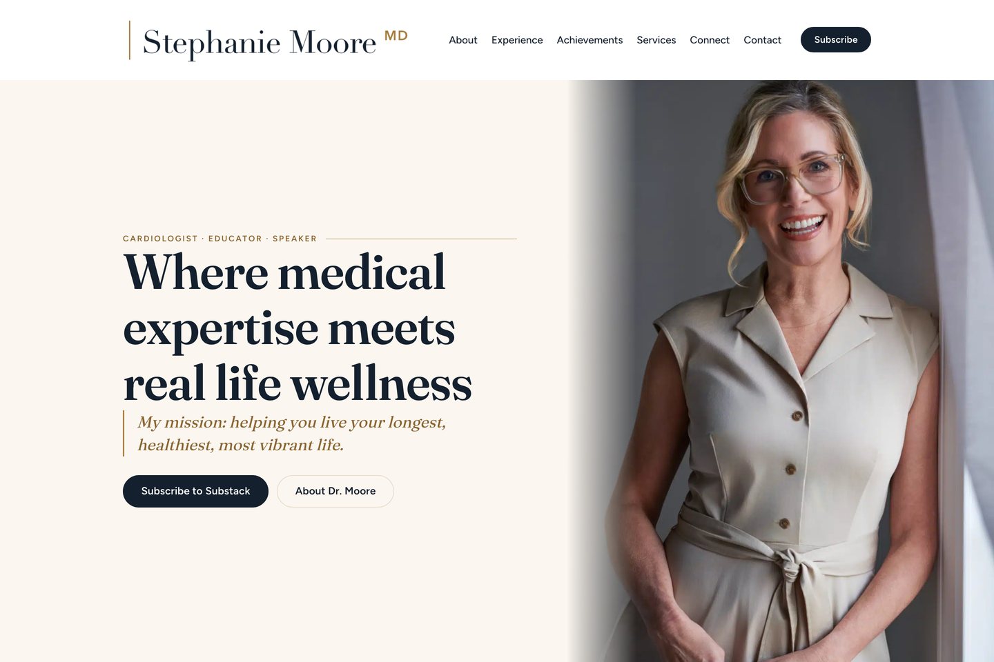 Exact capture of the Dr. Stephanie Moore homepage at 1440 pixels: serif name treatment, gold MD, portrait and the Subscribe to Substack button.