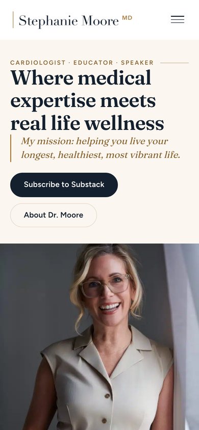 The Dr. Stephanie Moore homepage on a 390-pixel phone.