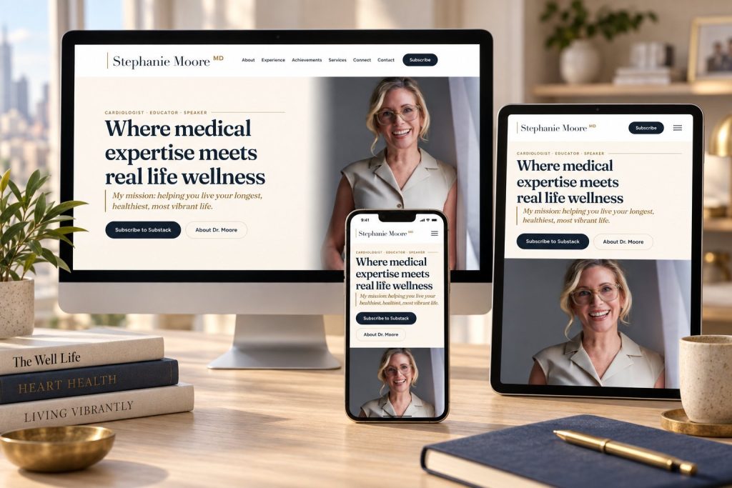 Dr. Stephanie Moore's website on desktop, tablet and phone in an editorial study, a presentation scene built from the real site.