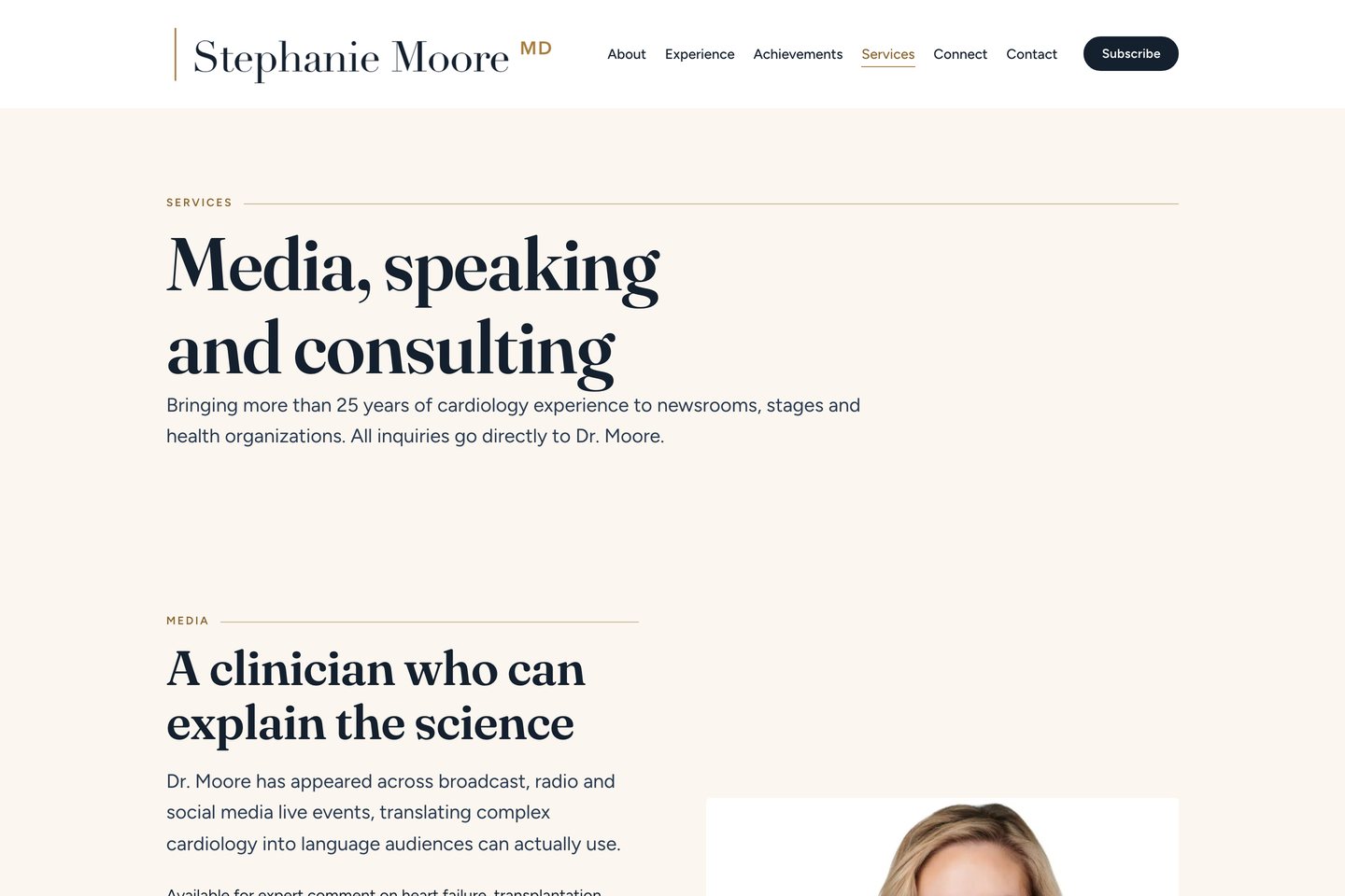 Exact capture of the Services page on Dr. Stephanie Moore's website at 1440 pixels: media, speaking and consulting.