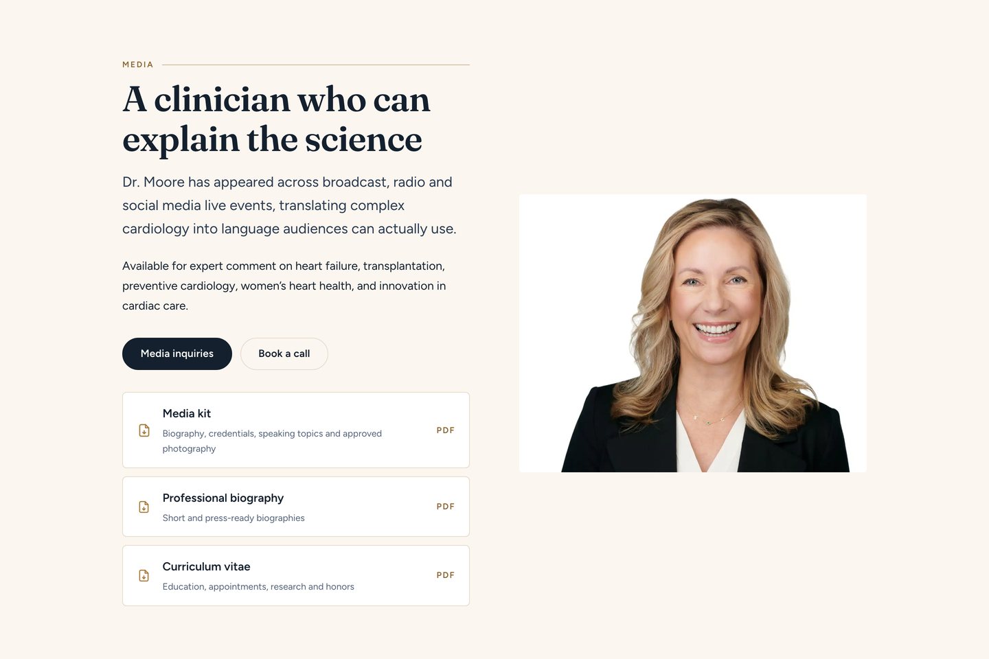 The media kit, biography and CV download cards on the Services page of Dr. Stephanie Moore's website at 1440 pixels.