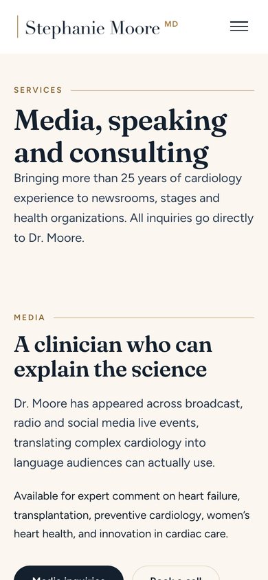 The Services page of Dr. Stephanie Moore's website on a 390-pixel phone.
